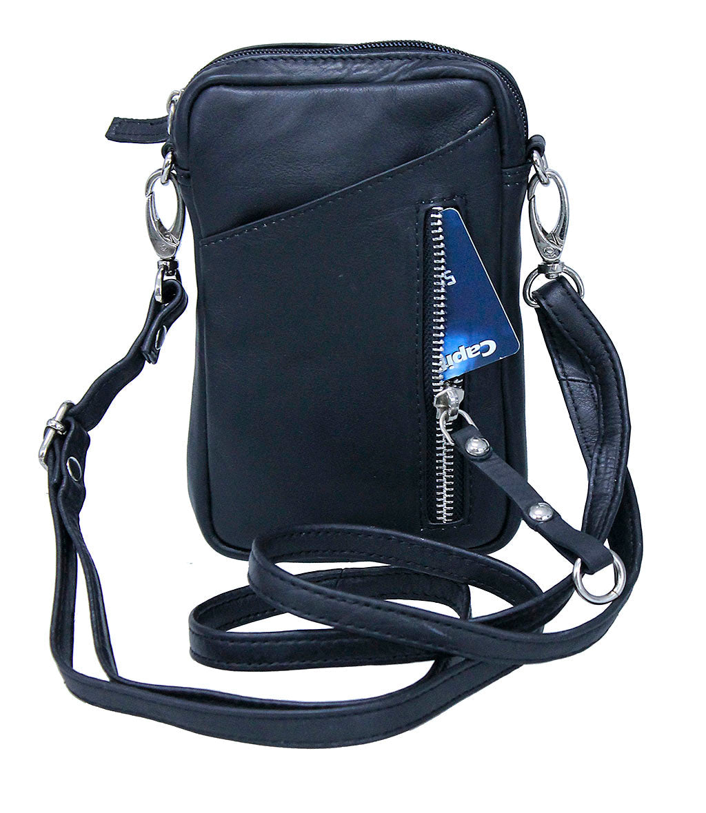 Black Leather 4 x 7 Cross Body Cell Phone Pouch #ACP27K