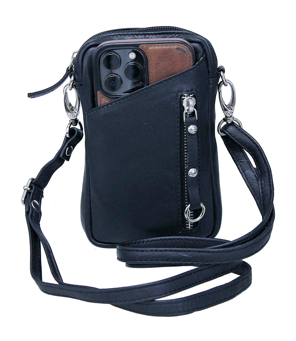 Black Leather 4 x 7 Cross Body Cell Phone Pouch #ACP27K