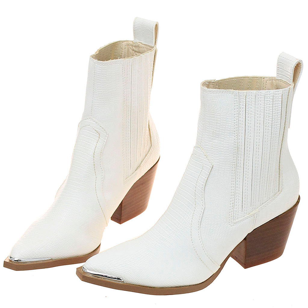 White Ladies Ankle Boots with Lizard Embossing #BLC04WHT-ELEANOR