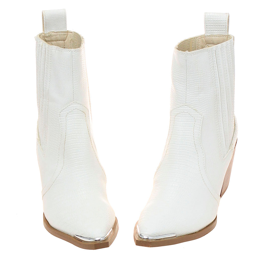 White Ladies Ankle Boots with Lizard Embossing #BLC04WHT-ELEANOR