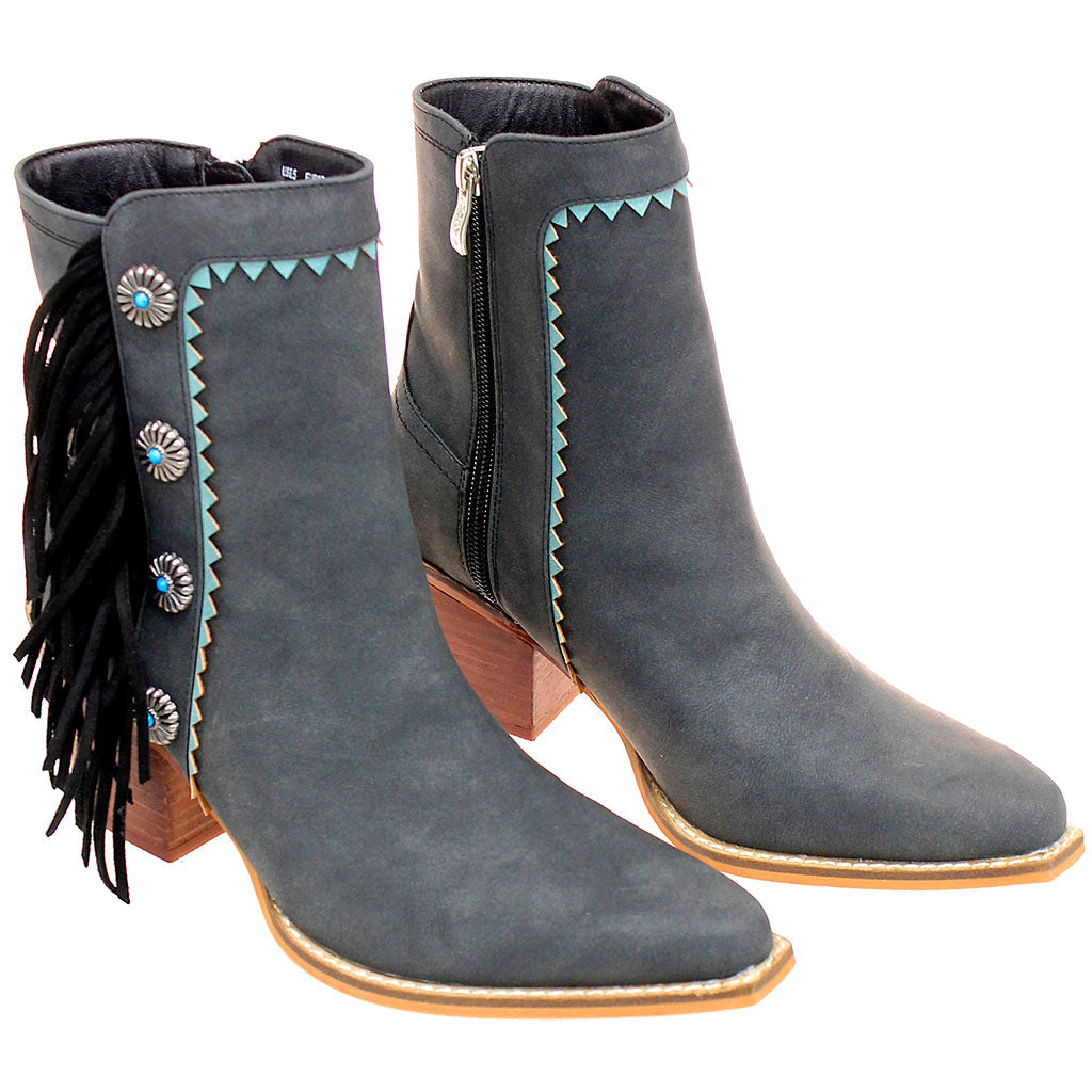 6" Charcoal Western Ankle Boots with Black Fringe & Conchos #BLC10FK-GIZ6