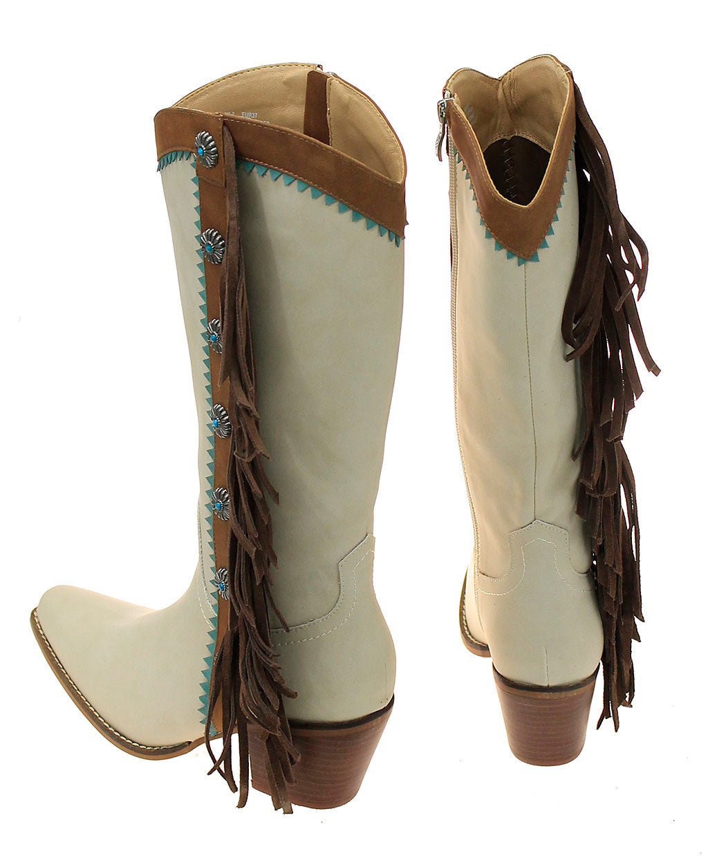 14" Cream Western Boots with Brown Fringe and Conchos #BLC10FT-GIZ14