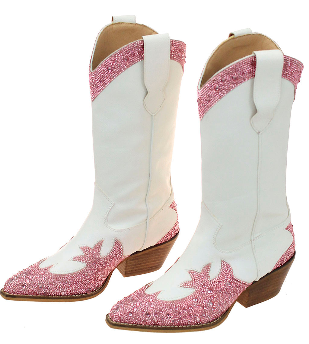 Pink Rhinestones on White Cowgirl Boots #BLC10WPI-ZANDAYA