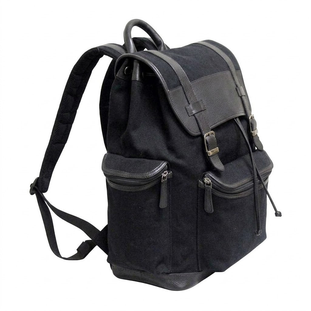 Bellino Drake Large Black Canvas and Leather Backpack with Drawstring #BP402K