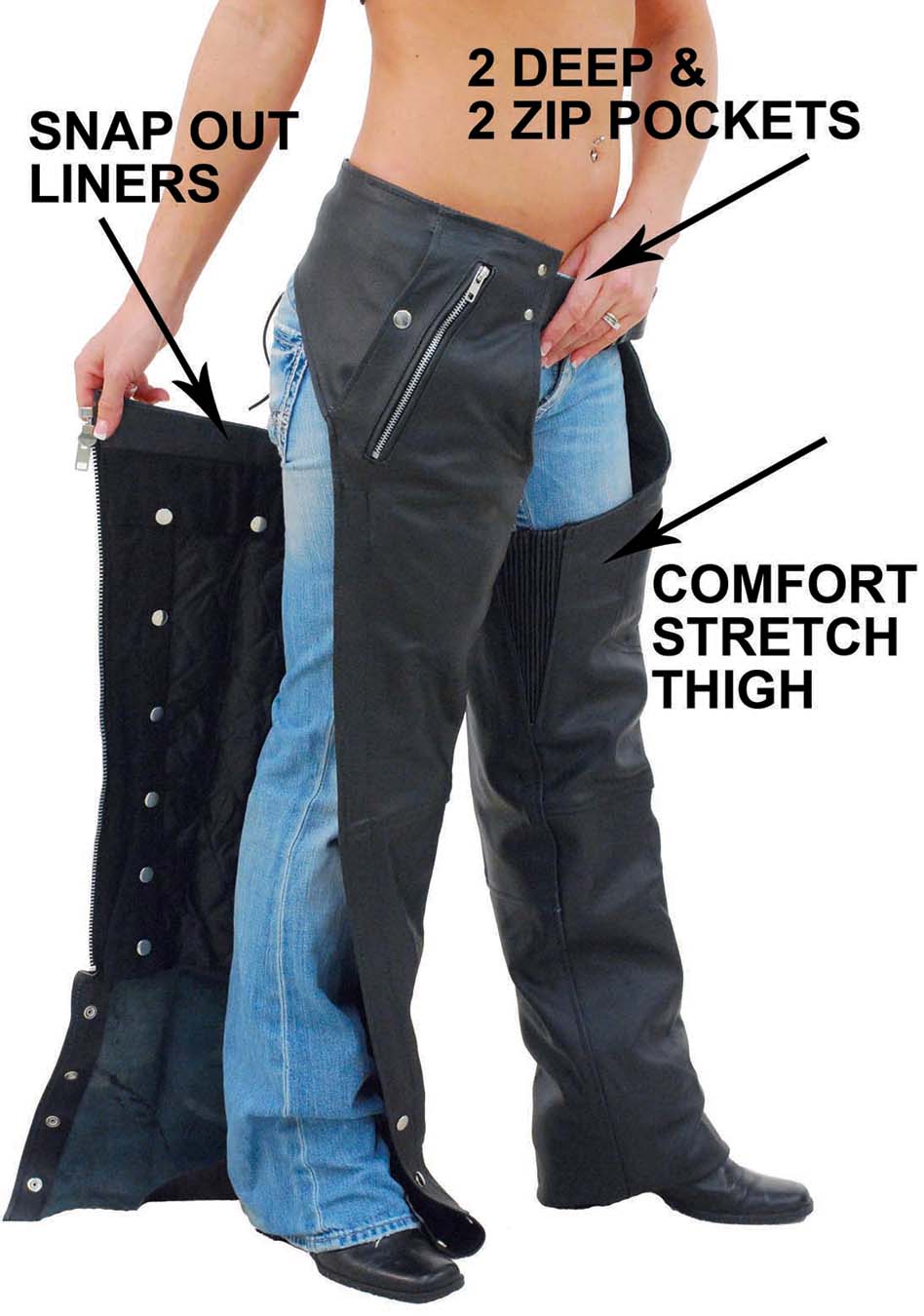 Pocket Motorcycle Chaps w/Snap Out Quilted Lining - Special #C7130ZSP (XS,S,2X-5X)