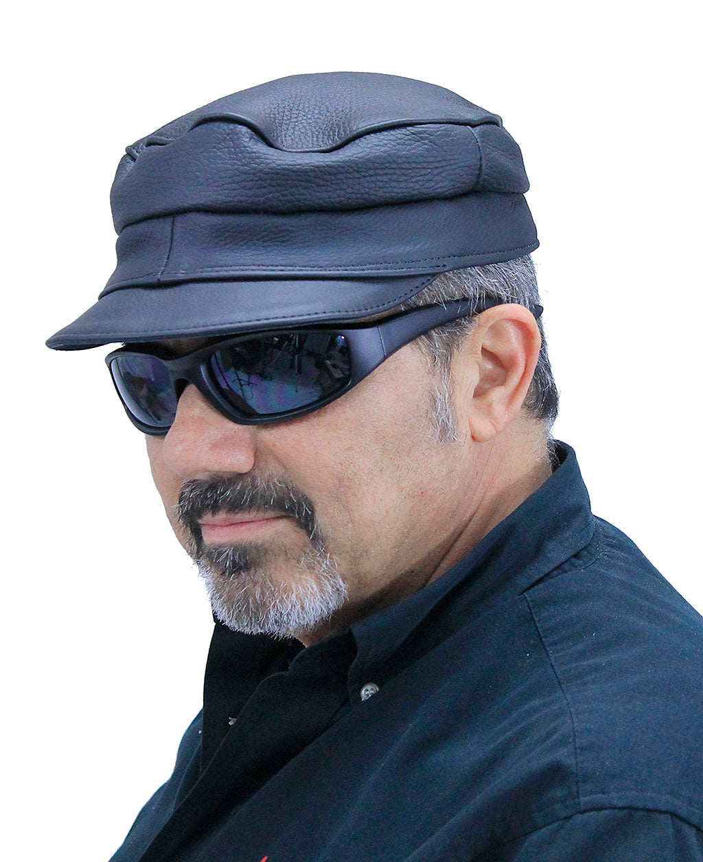Classic Biker Leather Cap for Men & Women Adjustable Black Cowhide #H127