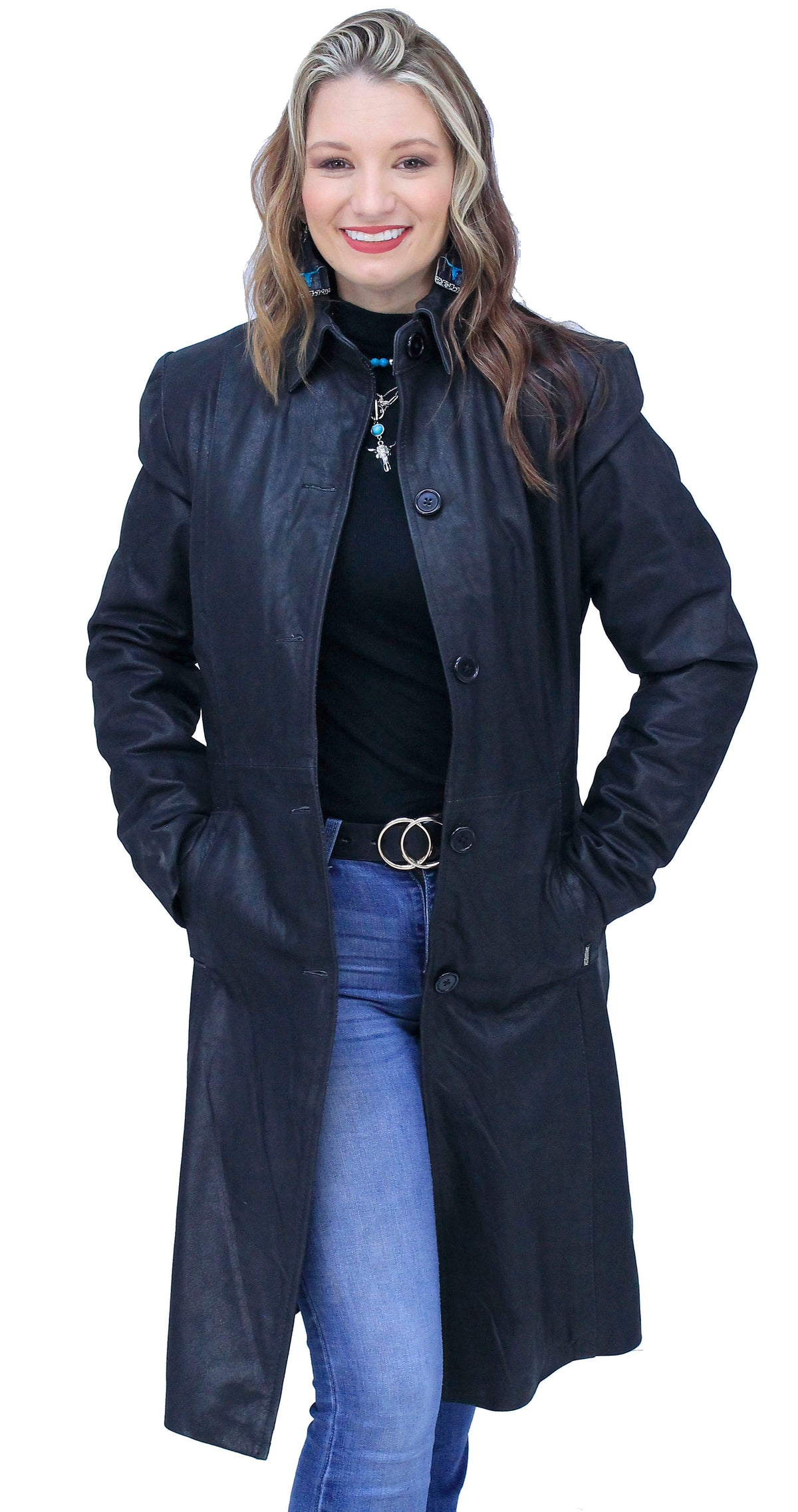 Extra Long Button Down Lambskin Leather Coat for Women #L1401398ZK