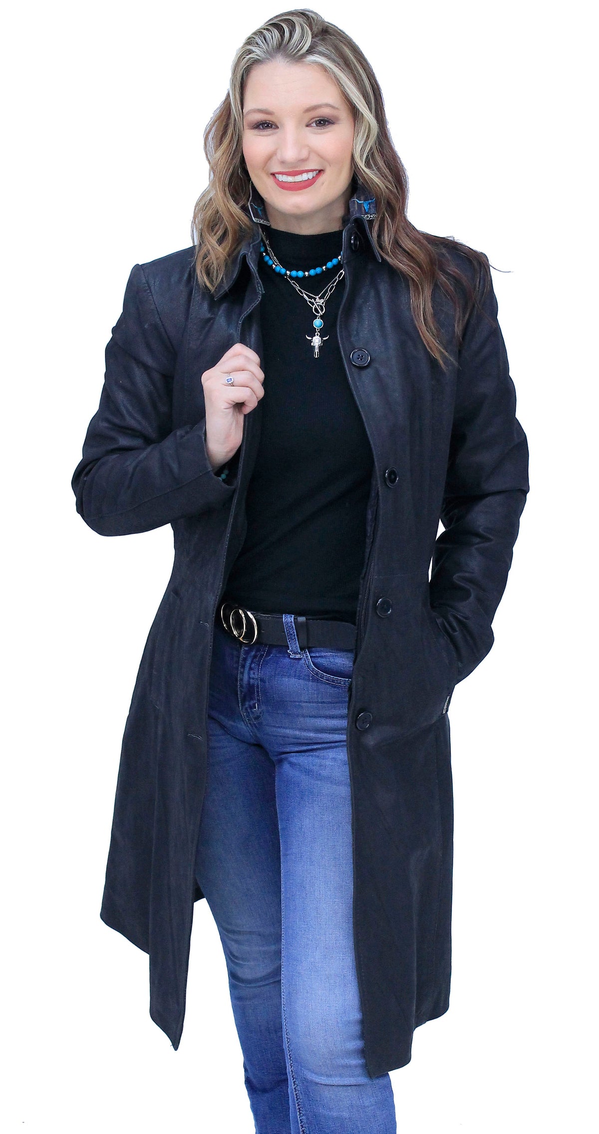 Extra Long Button Down Lambskin Leather Coat for Women #L1401398ZK