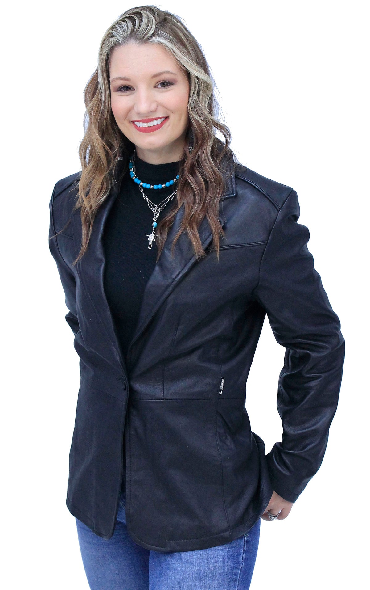 Single Button Black Premium Leather Blazer for Women #L1401510K
