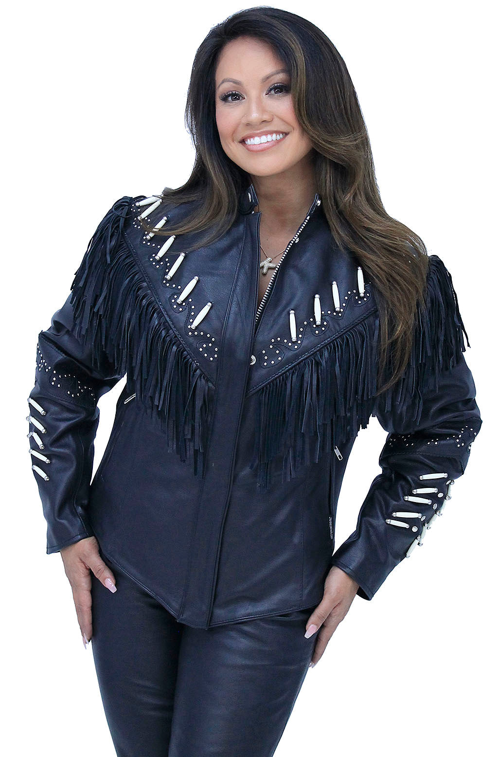 Genuine Bone Studded Fringe Leather Jacket #L1615FBK