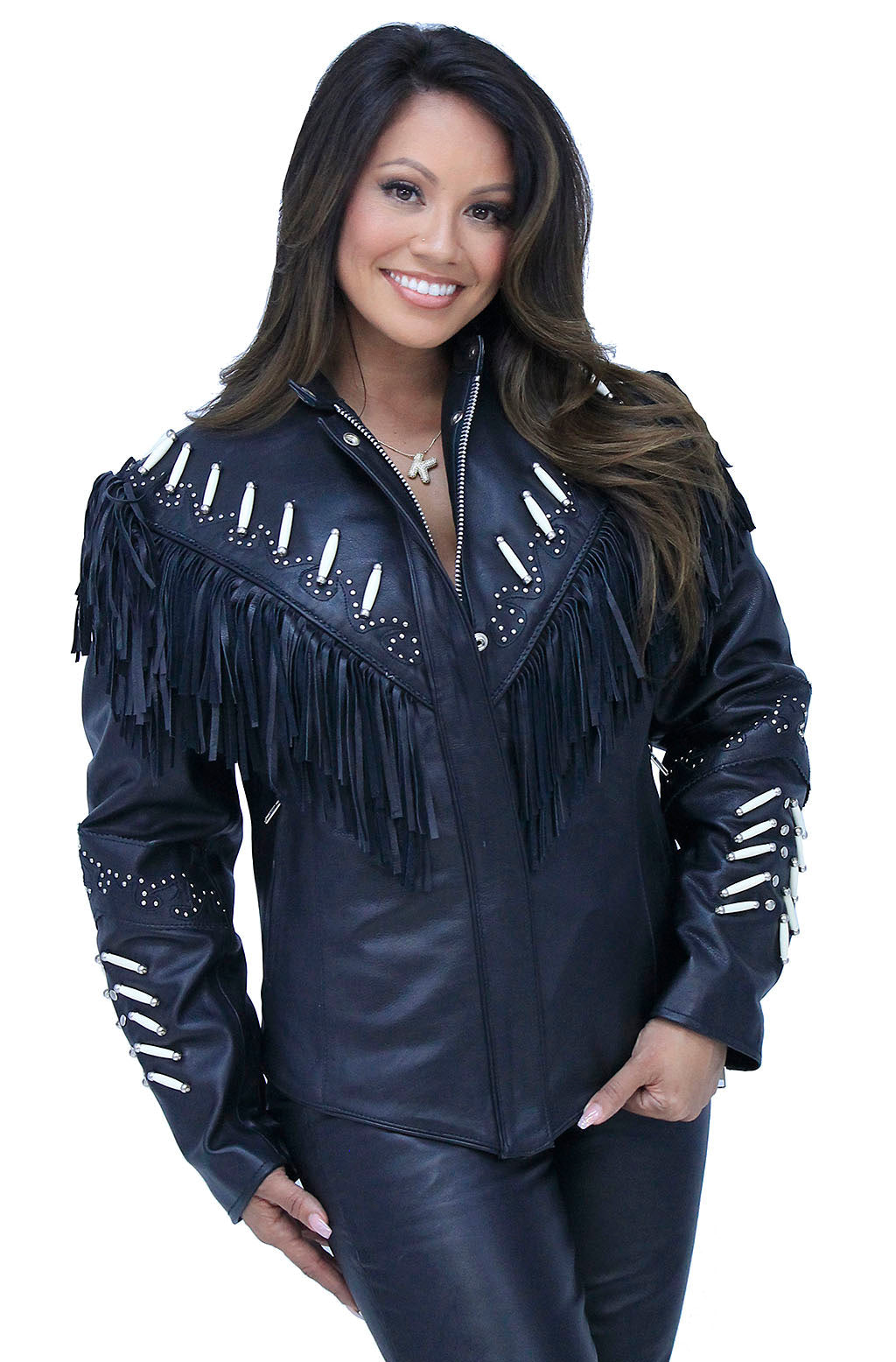 Genuine Bone Studded Fringe Leather Jacket #L1615FBK