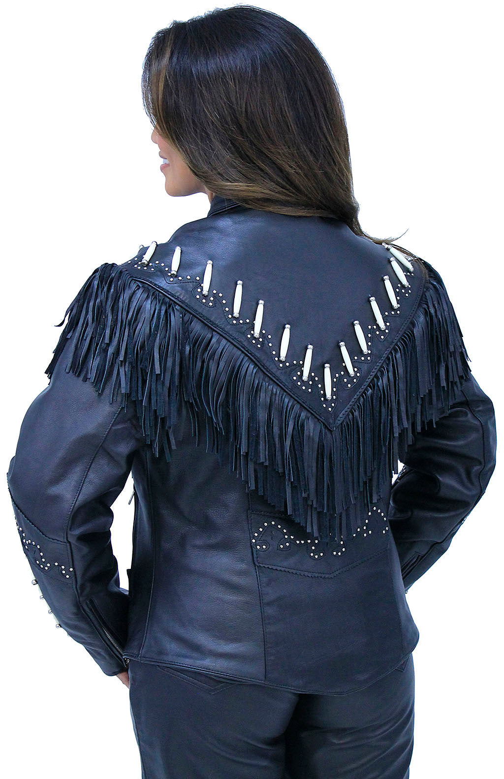 Genuine Bone Studded Fringe Leather Jacket #L1615FBK