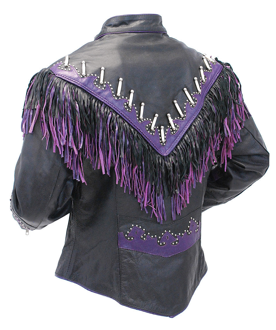 Genuine Bone & Purple Fringe Leather Jacket #L1616FBPUR