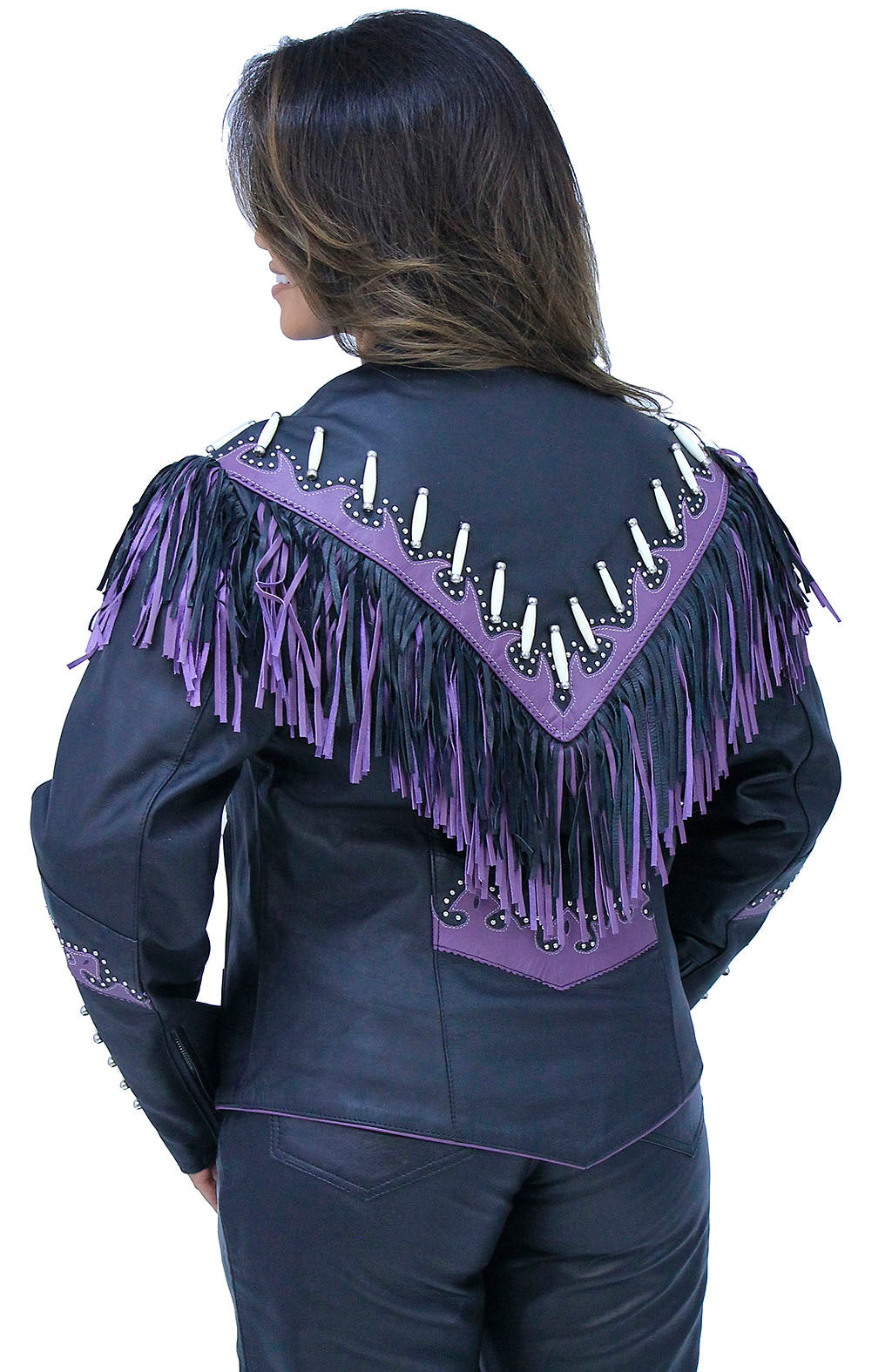 Genuine Bone & Purple Fringe Leather Jacket #L1616FBPUR