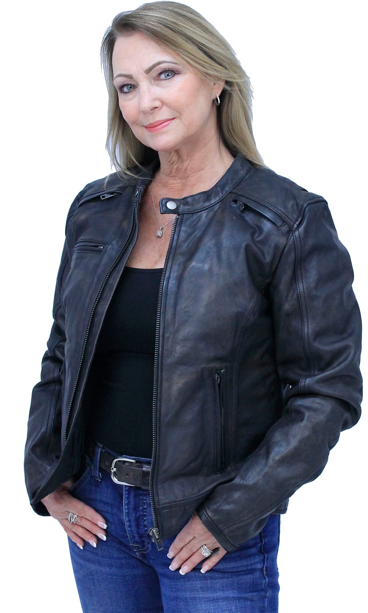 Antiqued Women's Brown Leather Café Racer Jacket #L164VZGN ()