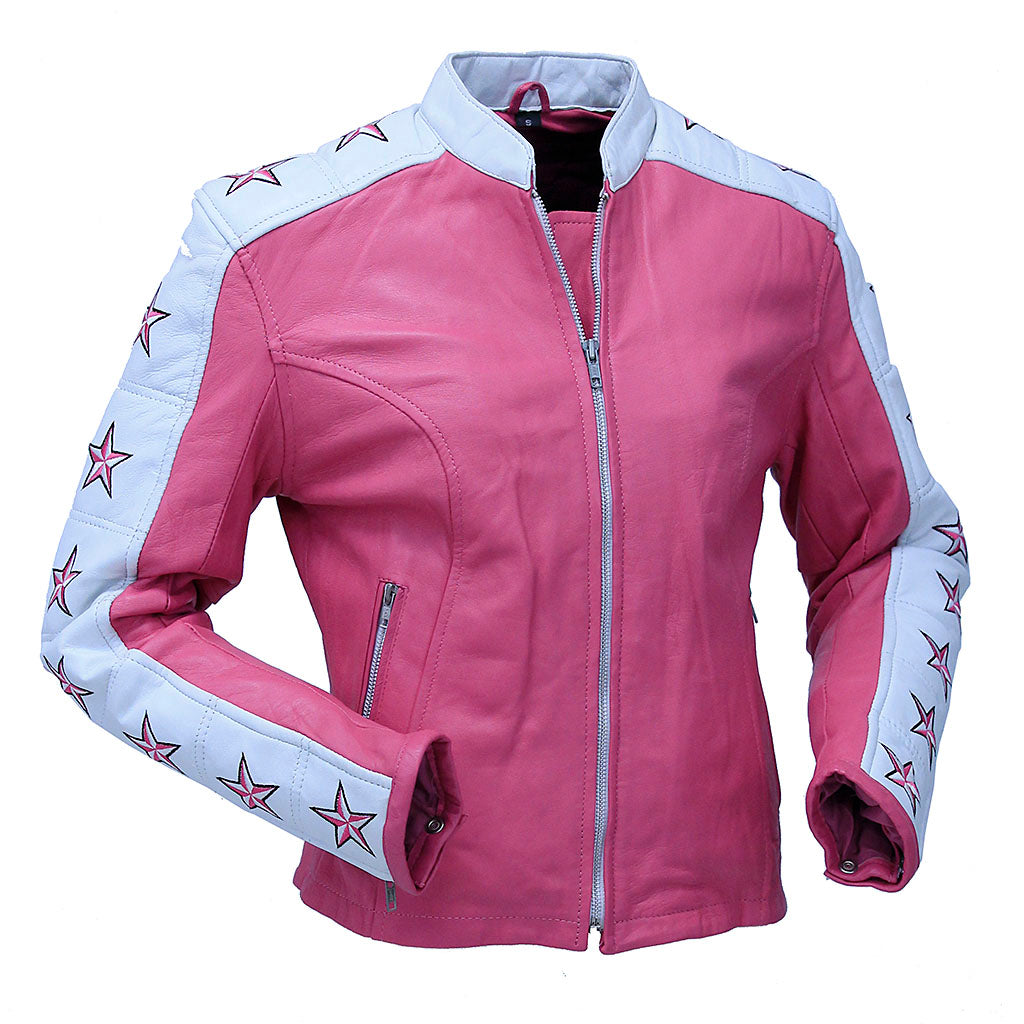 Pink Star Cafe' Racer Motorcycle Leather Jacket #L190ZUSTAR (S)