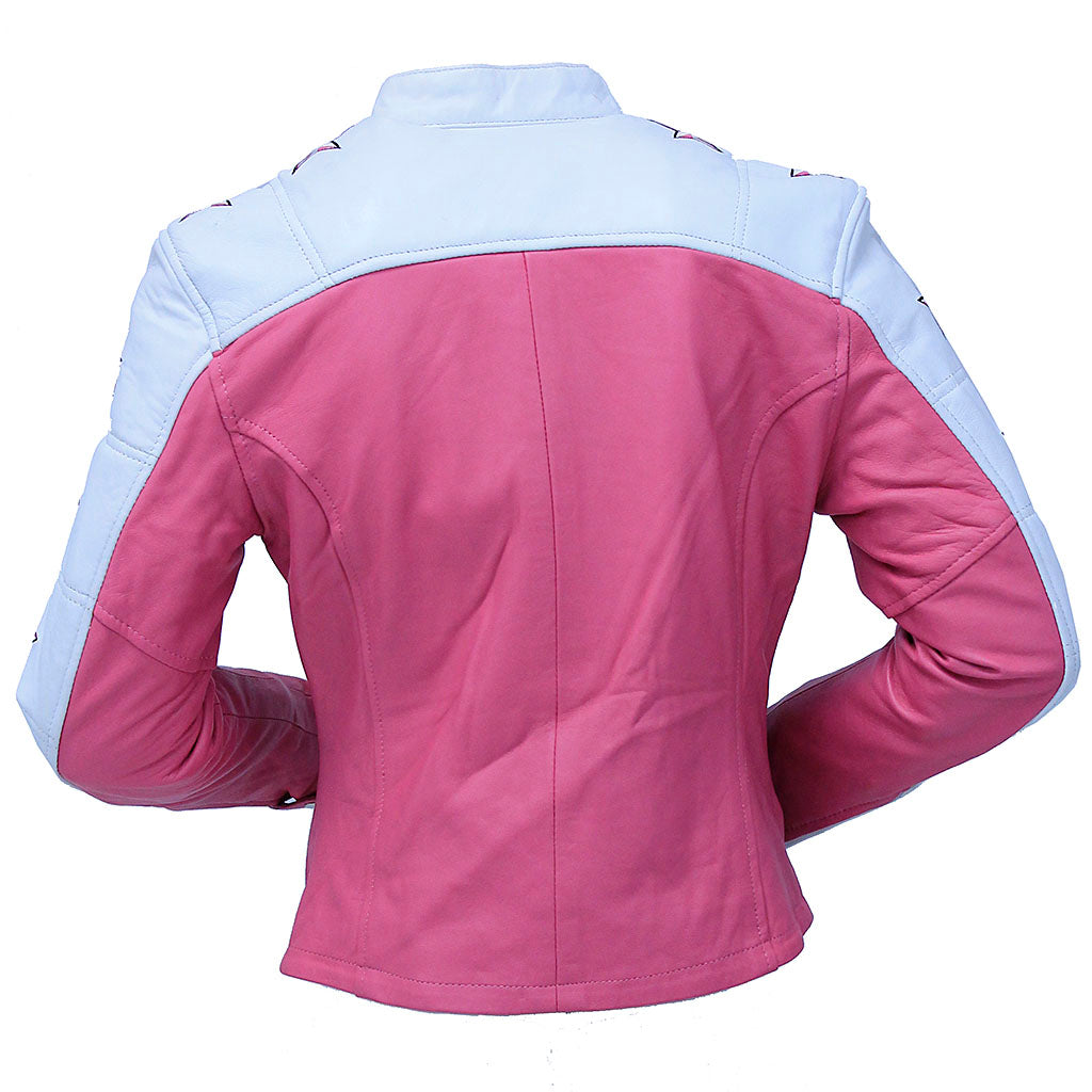 Pink Star Cafe' Racer Motorcycle Leather Jacket #L190ZUSTAR (S)