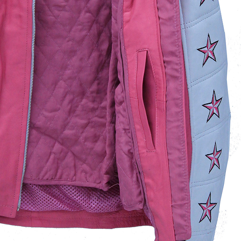 Pink Star Cafe' Racer Motorcycle Leather Jacket #L190ZUSTAR (S)
