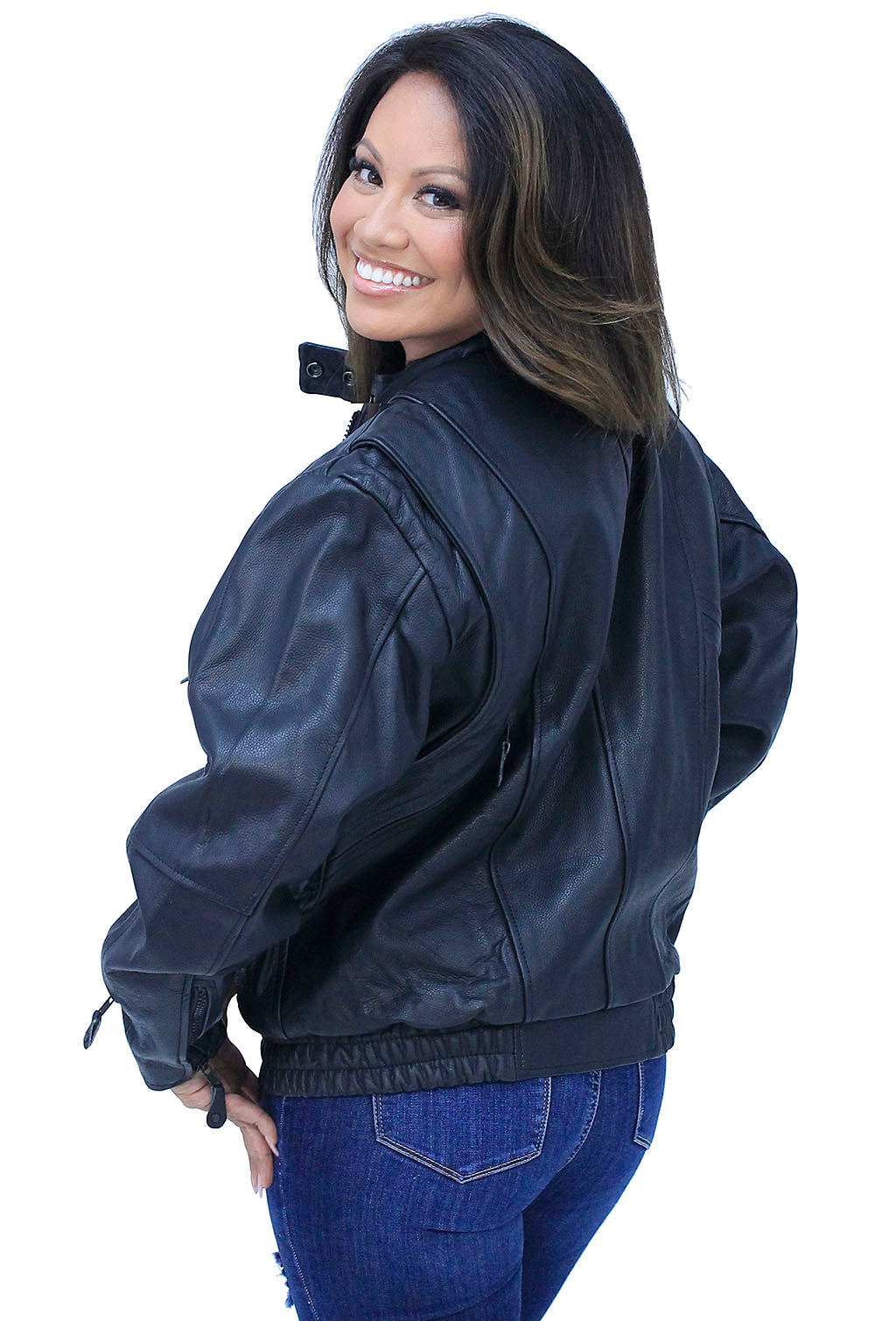 Women's  Vented Genuine Leather Bomber Jacket #L259VZK (10-20)