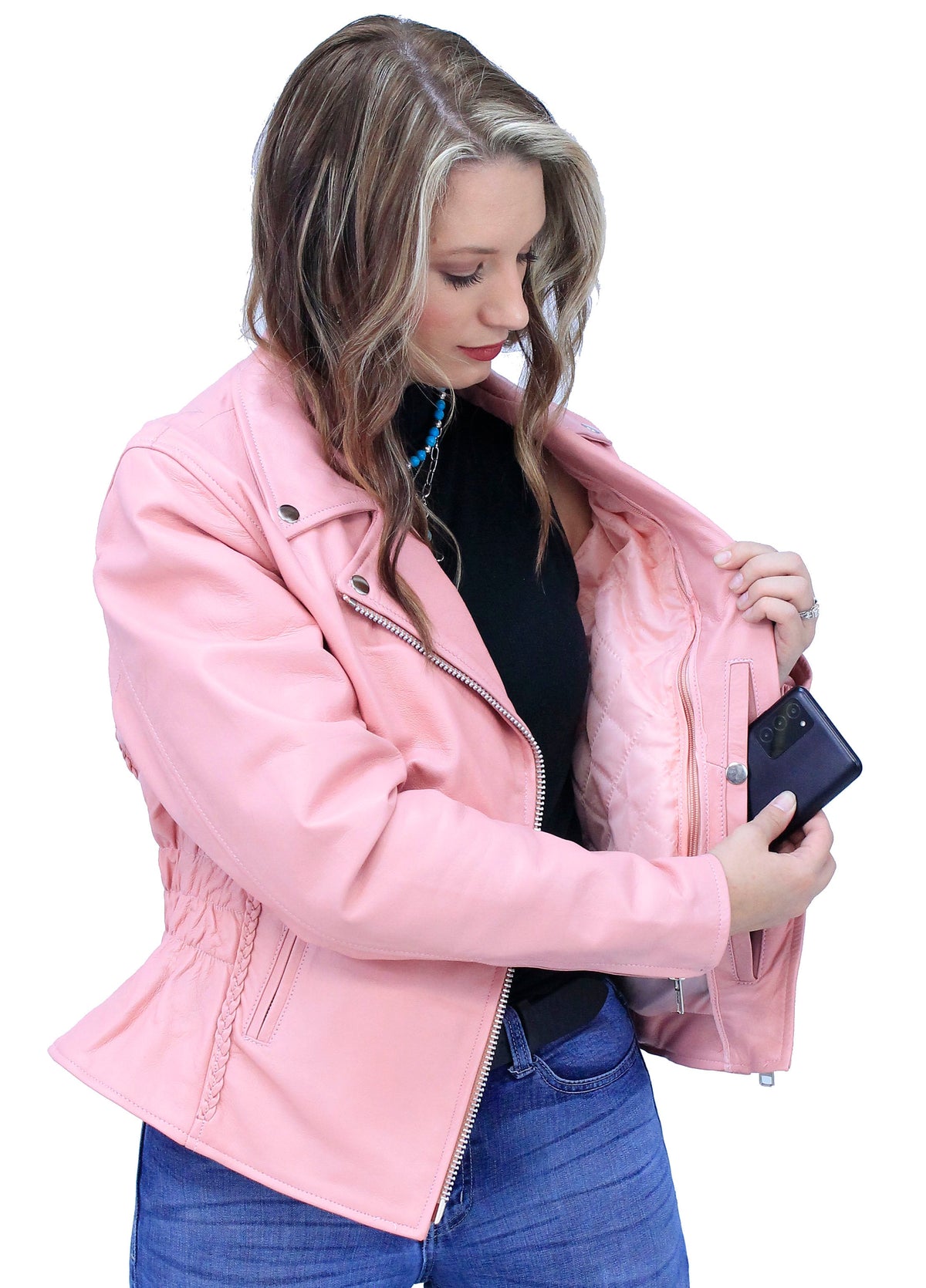 Pink Leather Jacket - Road Angel Motorcycle Jacket #L26522ZP