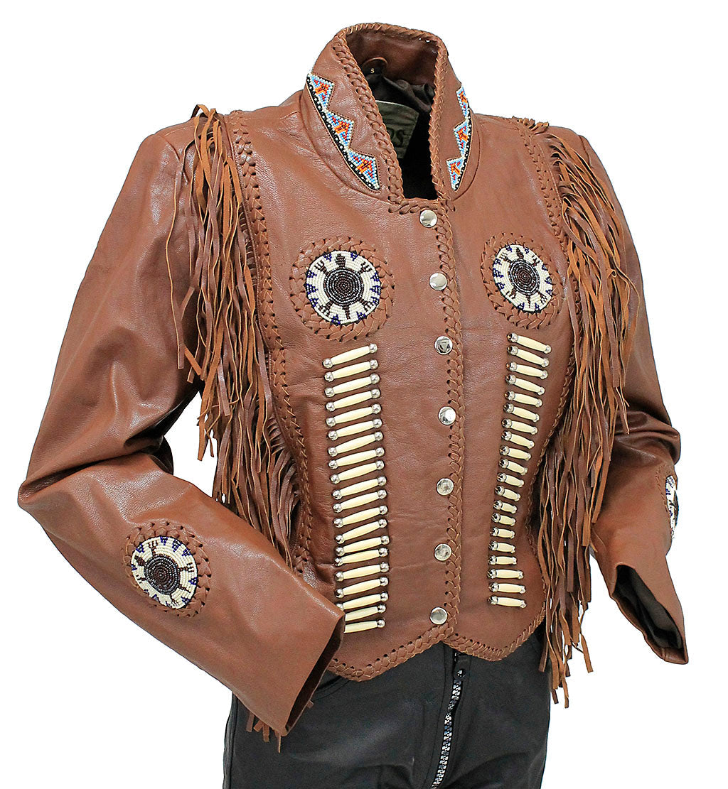 Brown Fringe Jacket with Bone & Mini Beads #L4251FBN (XS-S)