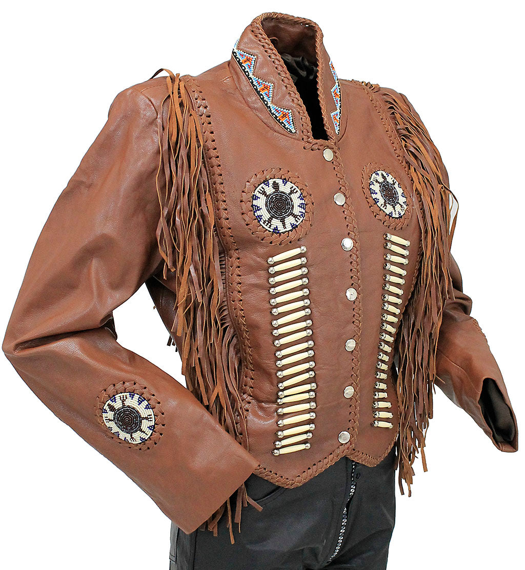 Brown Fringe Jacket with Bone & Mini Beads #L4251FBN (XS-S)