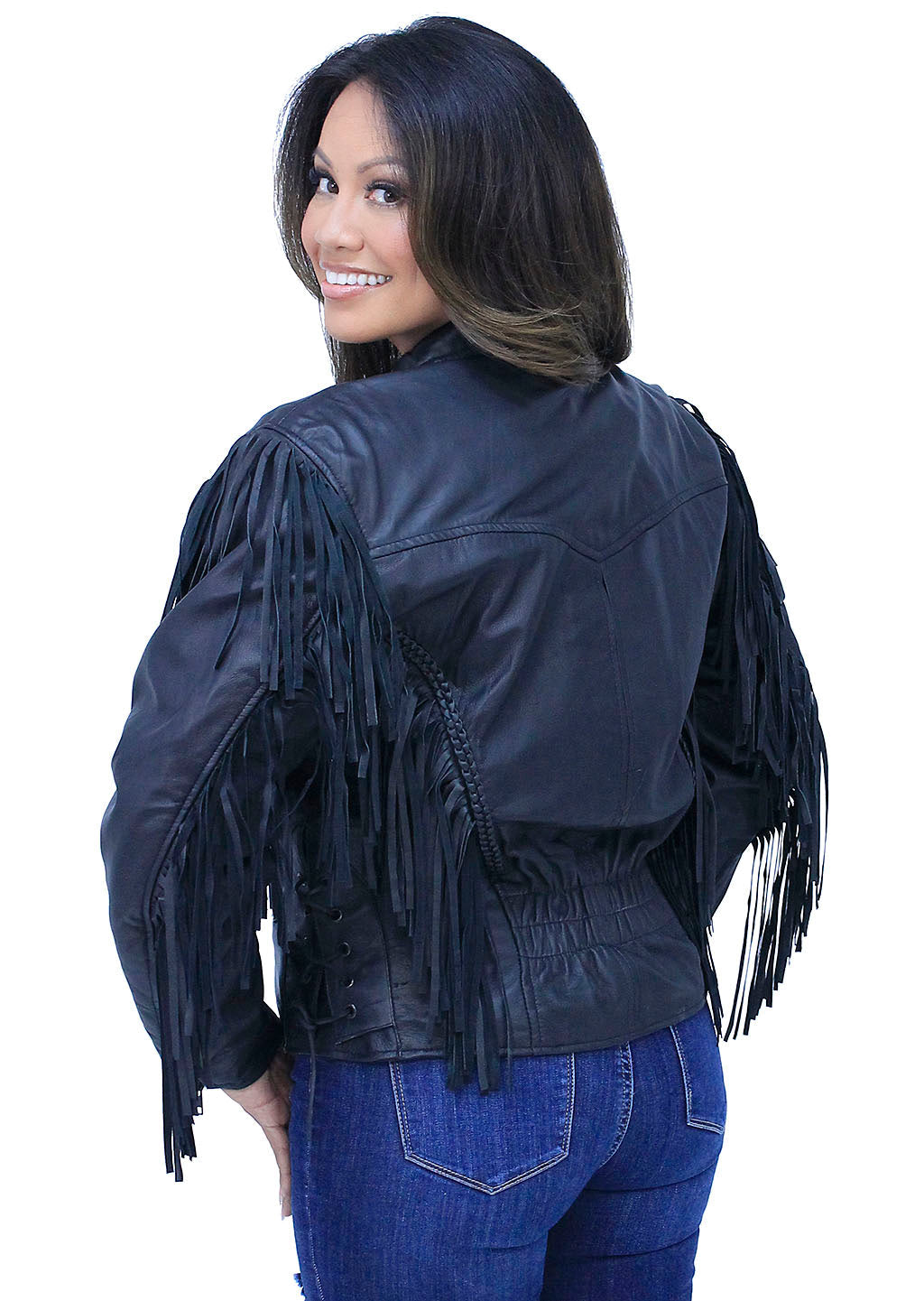 V Fringed Leather Motorcycle Jacket for Women #L452ZFB