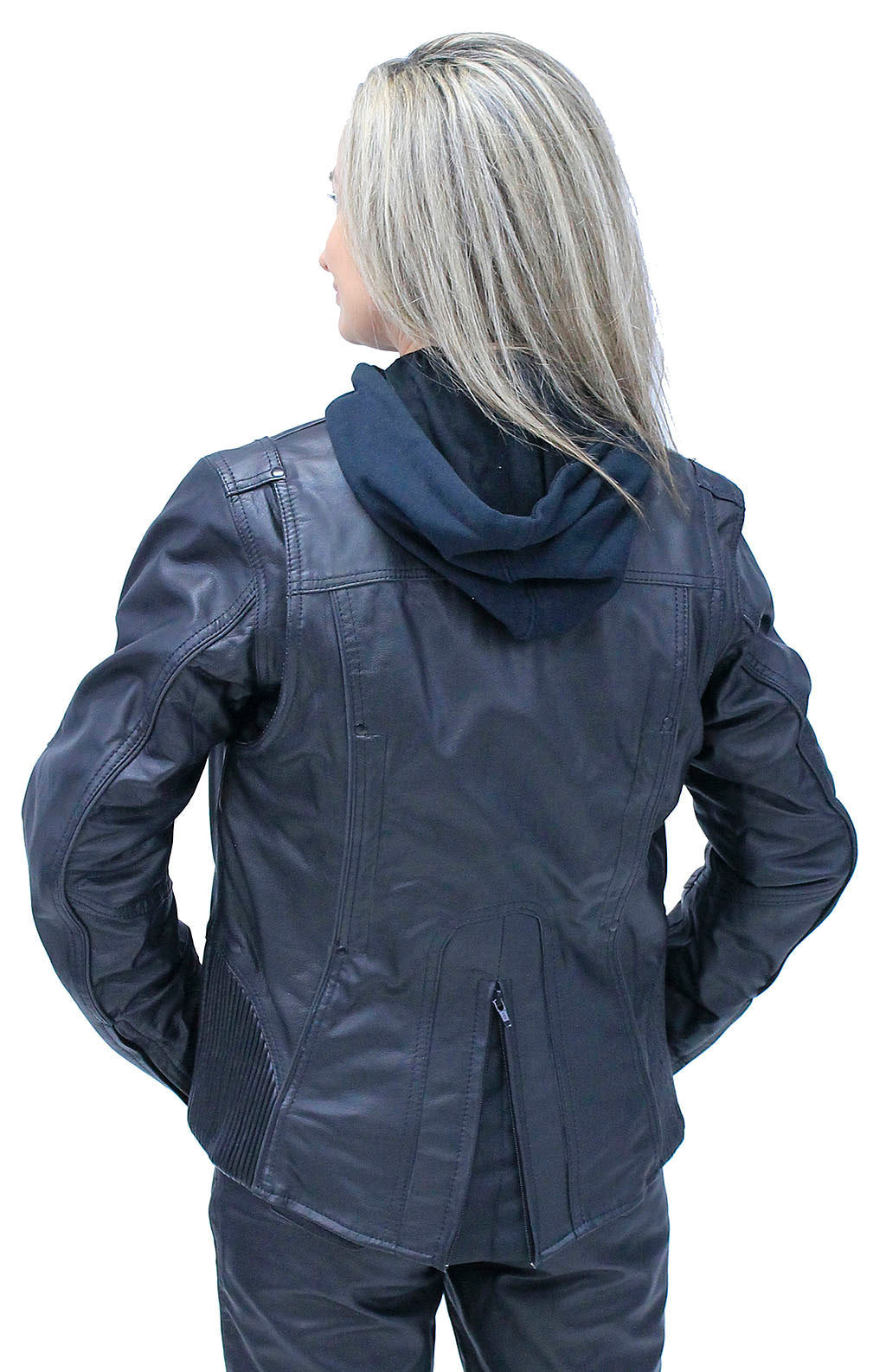 Women's Black Vented Leather Jacket w/Hoodie #L6953HVZRK (S-M)