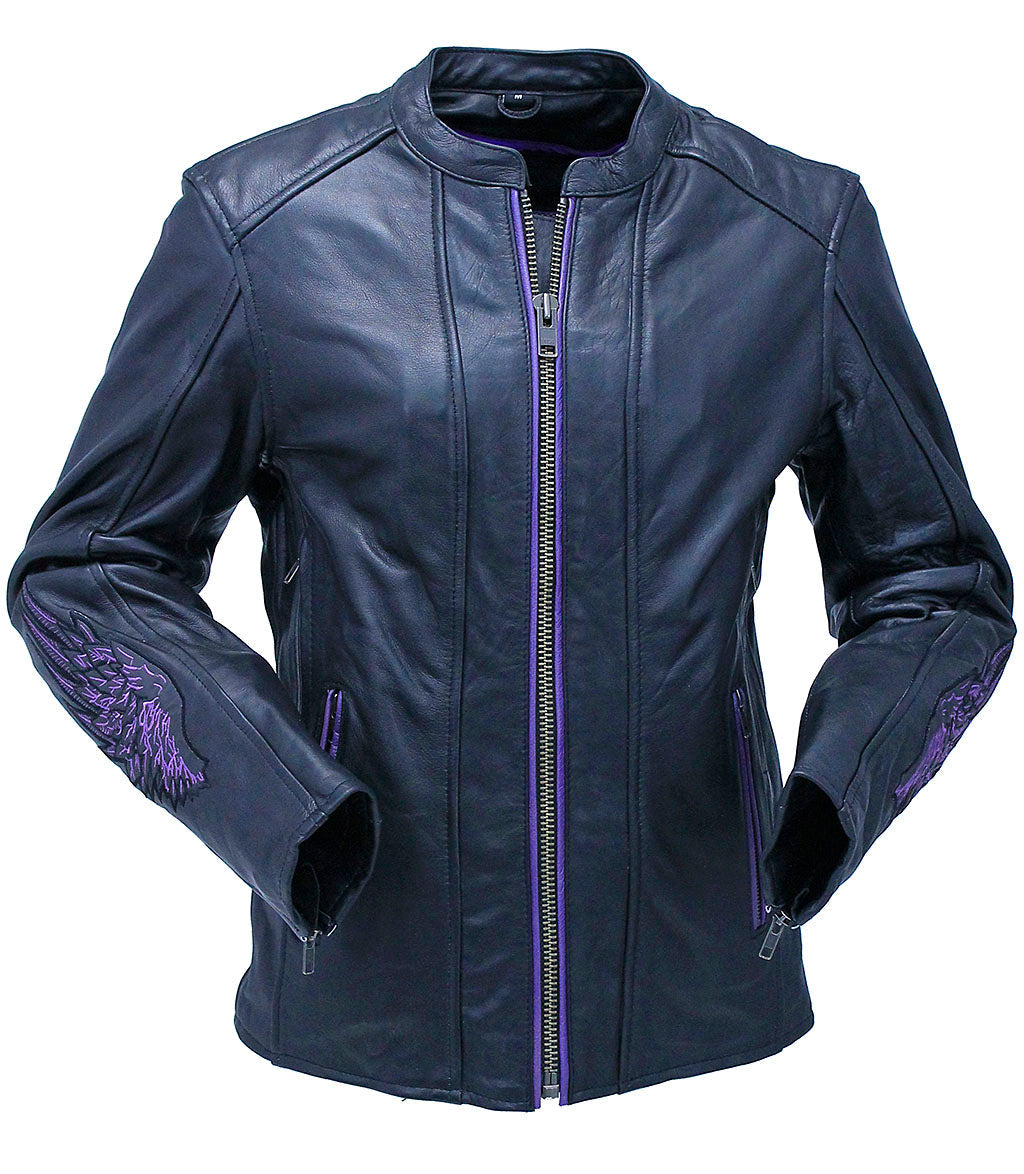 Purple Winged Heart Leather Vented Motorcycle Jacket #L695417VGPU