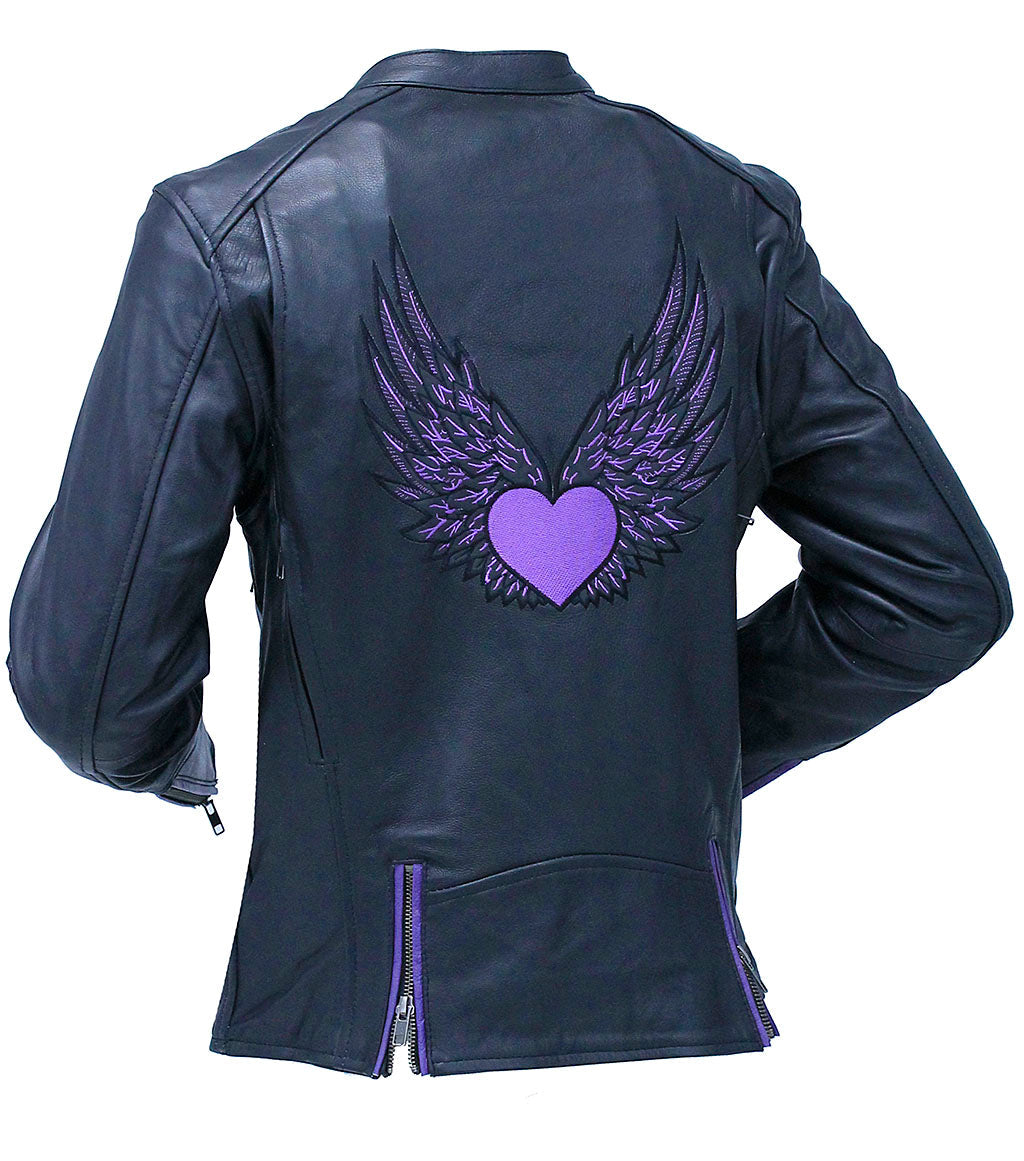 Purple Winged Heart Leather Vented Motorcycle Jacket #L695417VGPU