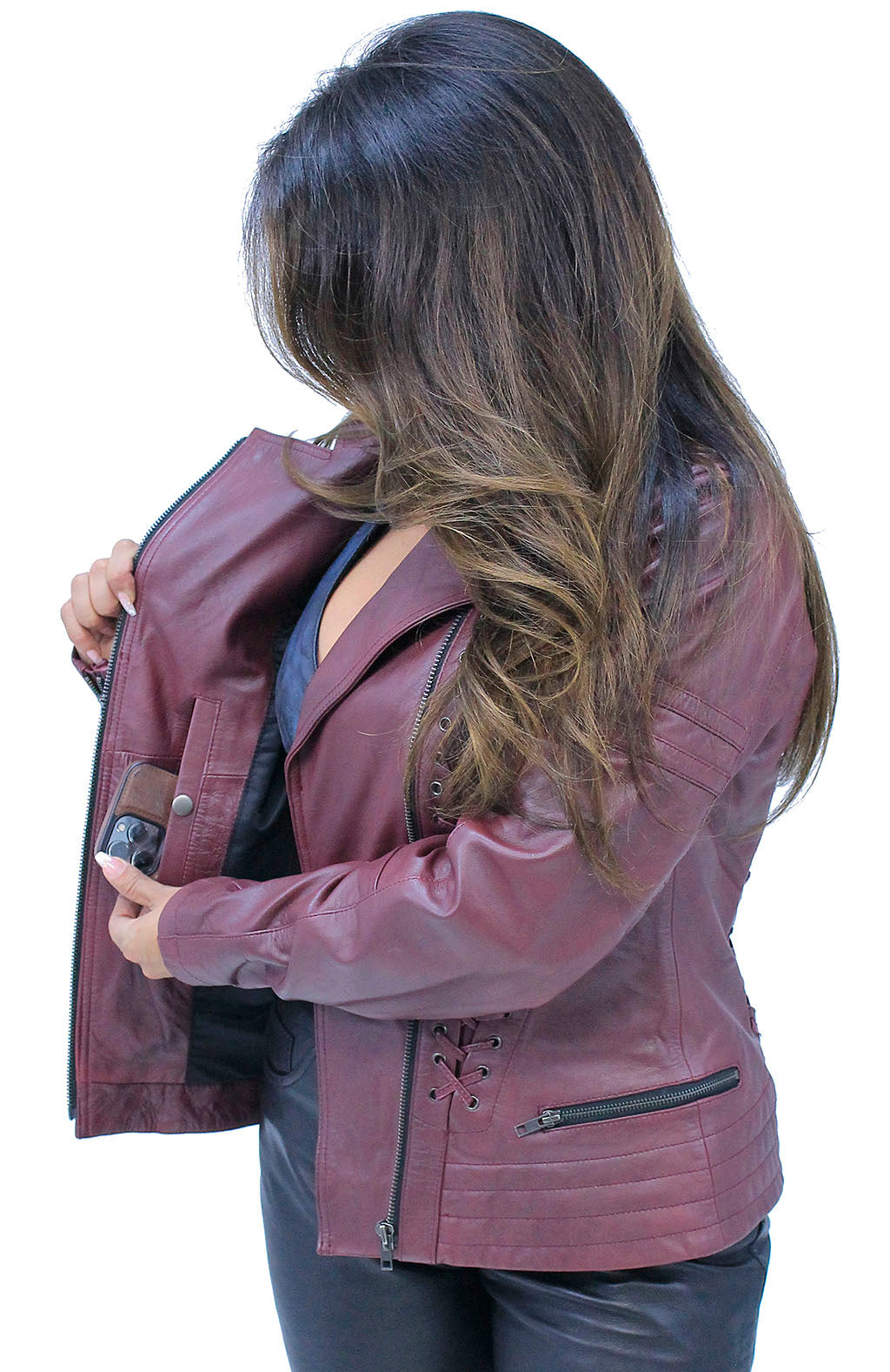 Long Red Leather Laced Eyelet Motorcycle Jacket #L69565ELR ()