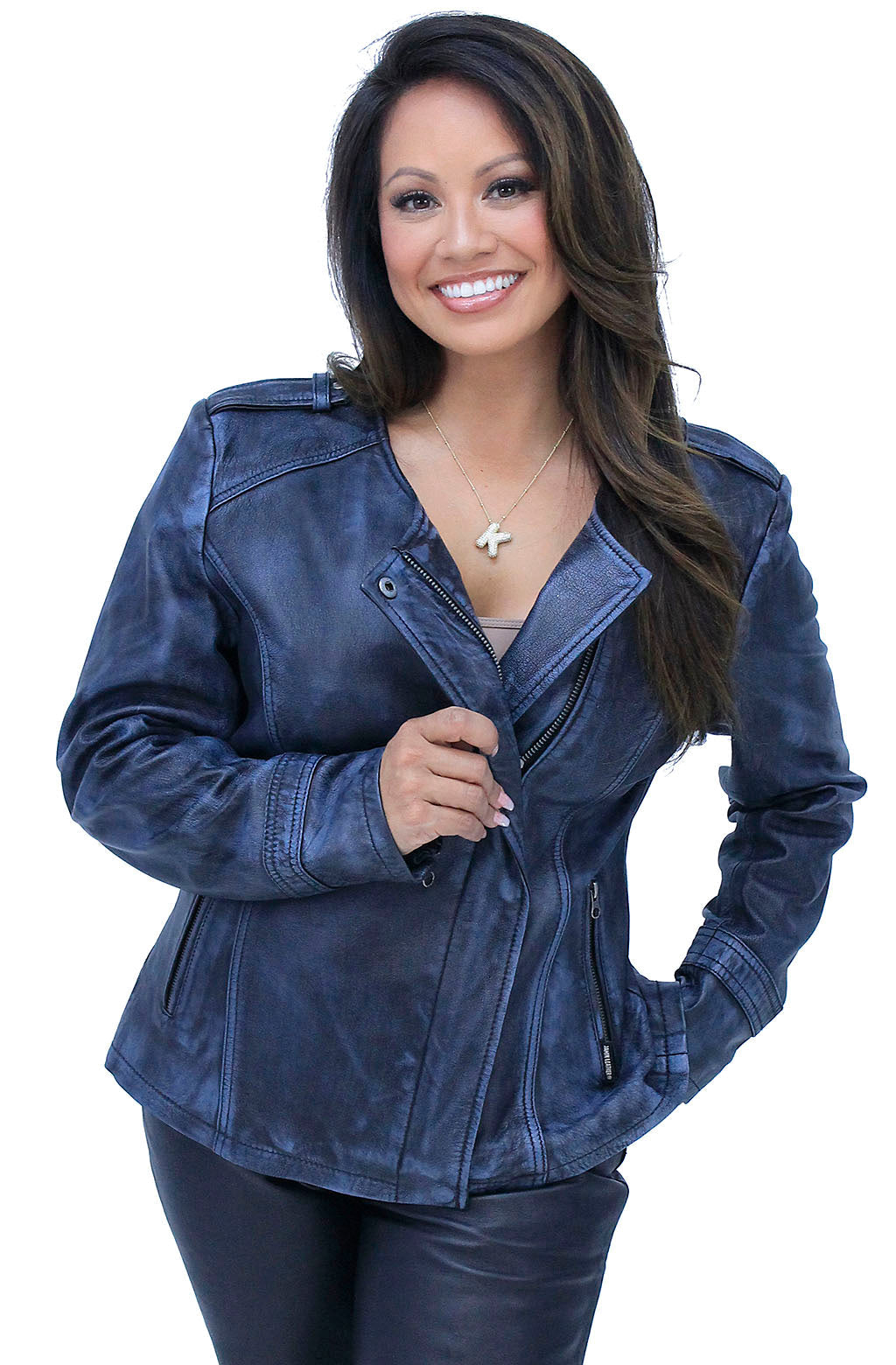 Women's Blue Beauty Leather Jacket CC Pocket #LA60624GU