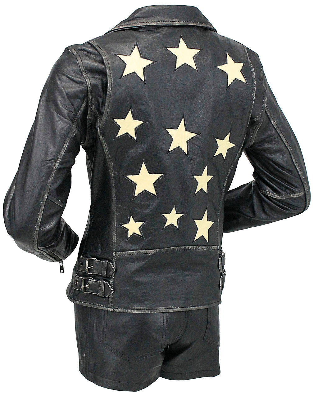 Star filled Women's Vintage Leather Motorcycle Jacket #LA6960GY-STAR