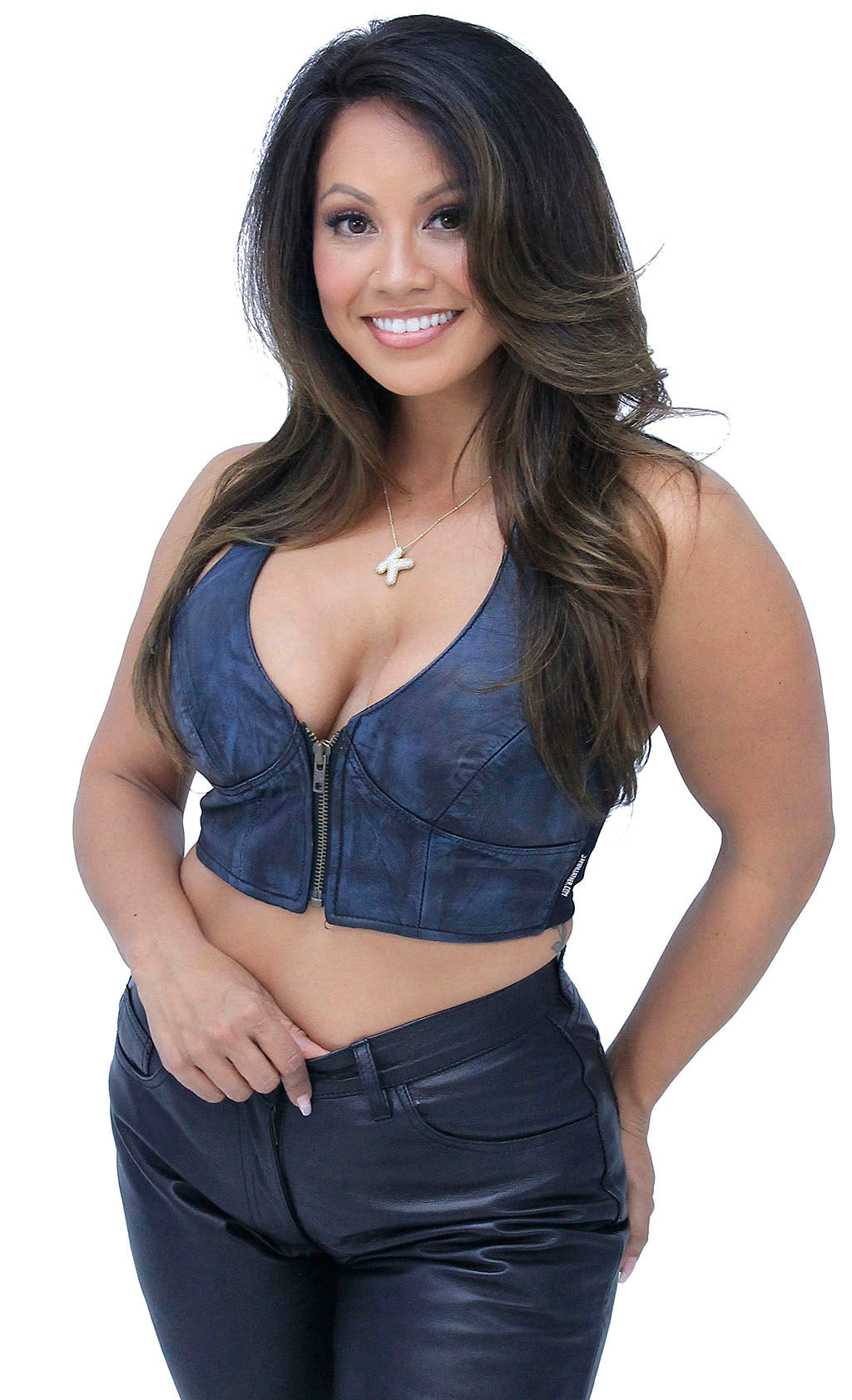 Hand Antiqued Blue Lambskin Leather Cropped Halter #LH30194U