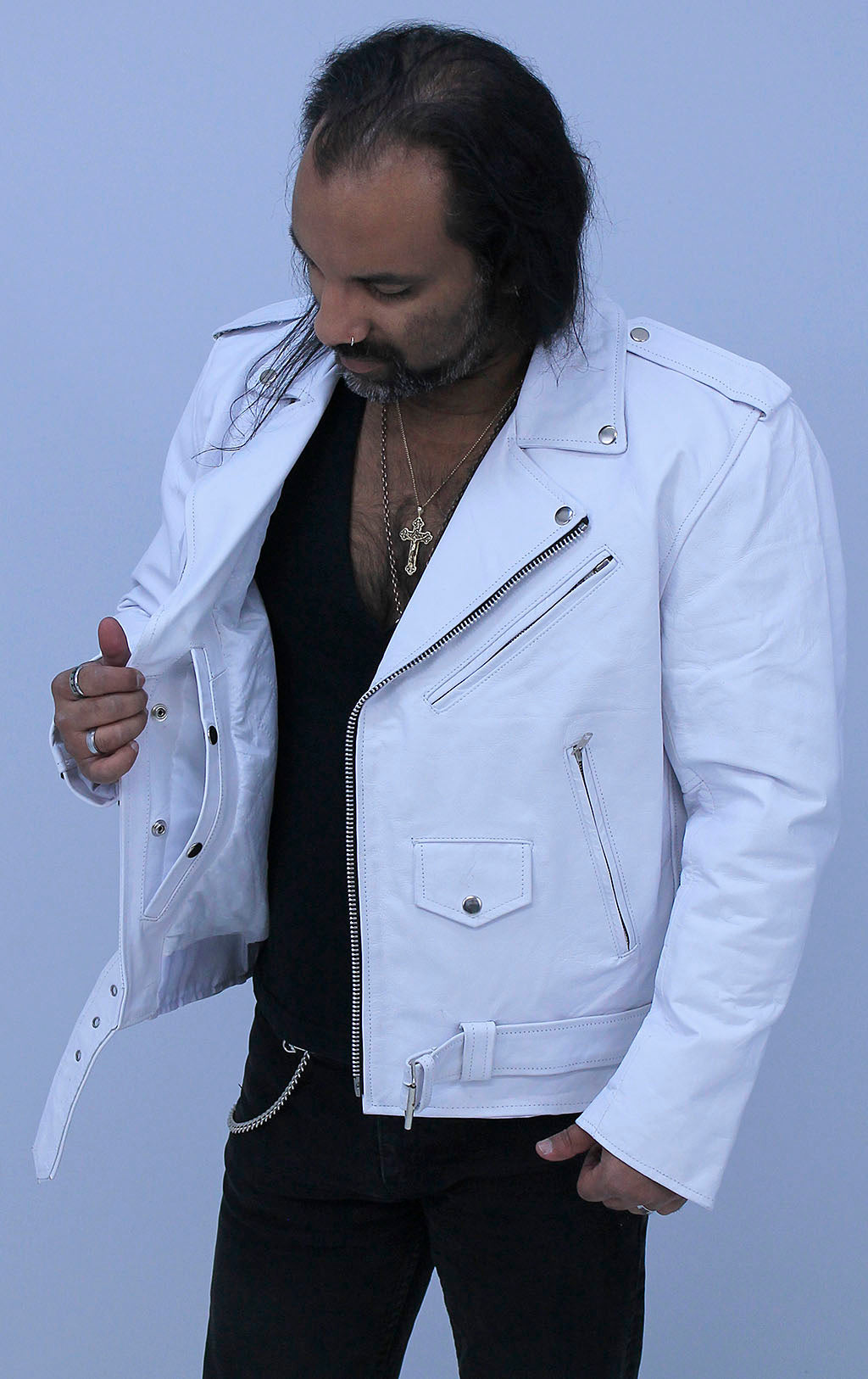Men's White Leather Motorcycle Jacket w/Concealed Pocket #M111GW