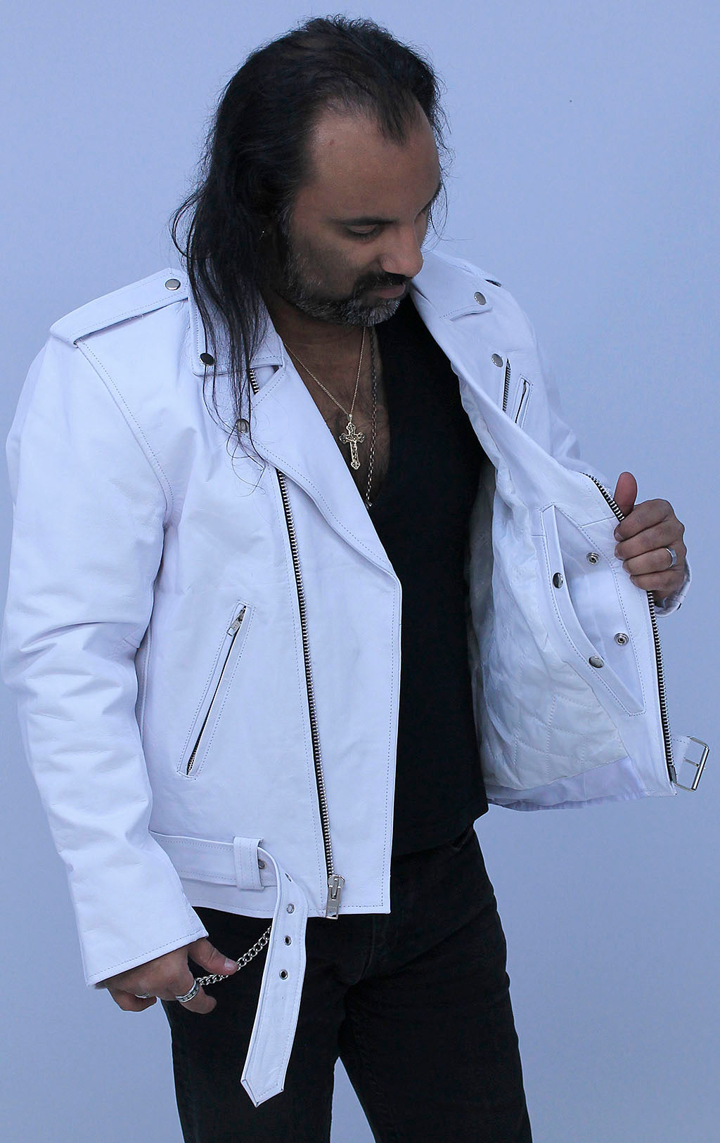 Men's White Leather Motorcycle Jacket w/Concealed Pocket #M111GW