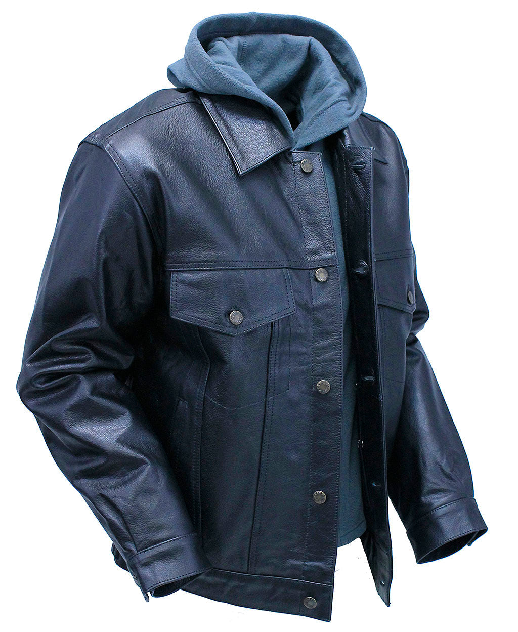 Men's Hoodie Leather Jean Jacket w/Concealed  Pockets #M1412HK (L-3X)
