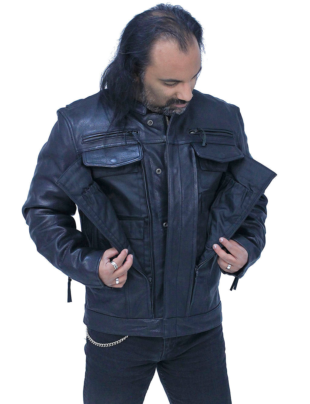 No Collar Men's Vented Concealed Pocket Motorcycle Jacket #M263GVZK