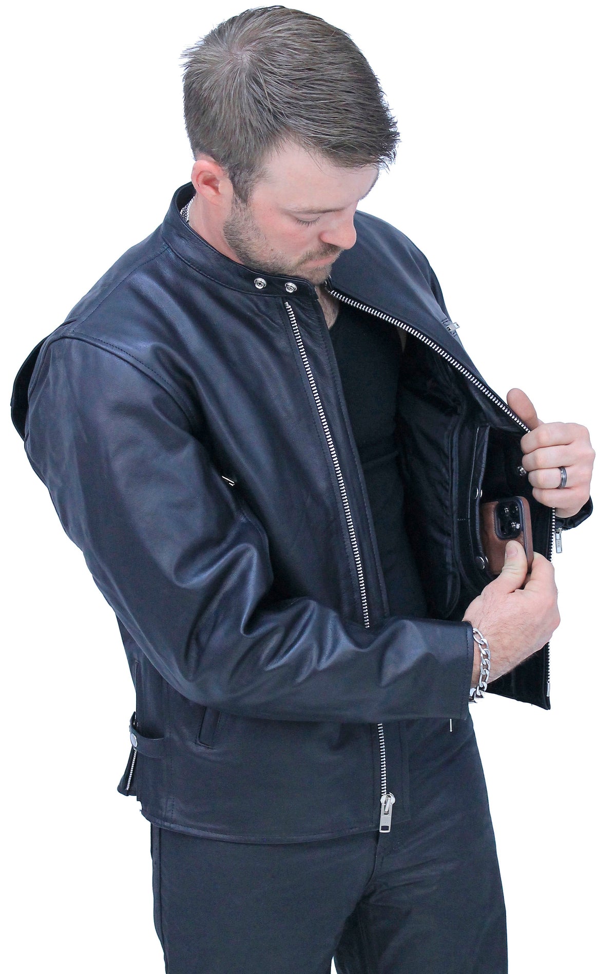 Vented Cafe' Racer Concealed Pocket Leather Jacket #M5020VZK