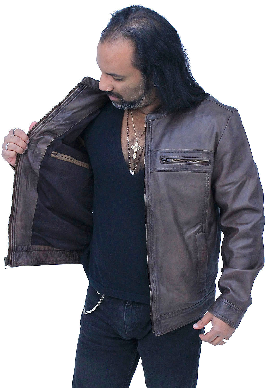 Men's Brown Lightweight Leather Motorcycle Jacket #M69241N
