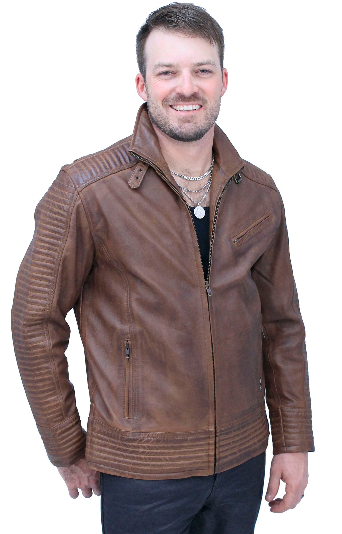 Distressed Brown Leather Ribbed Trim Jacket Butterfly Collar #MA1992GN