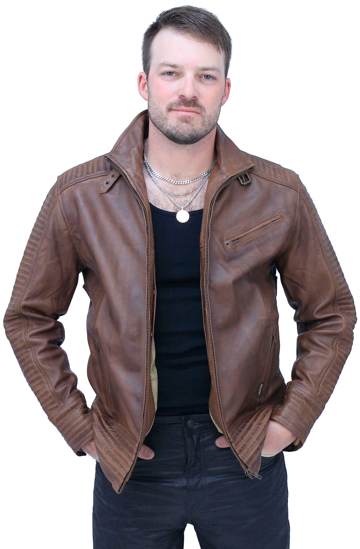 Distressed Brown Leather Ribbed Trim Jacket Butterfly Collar #MA1992GN
