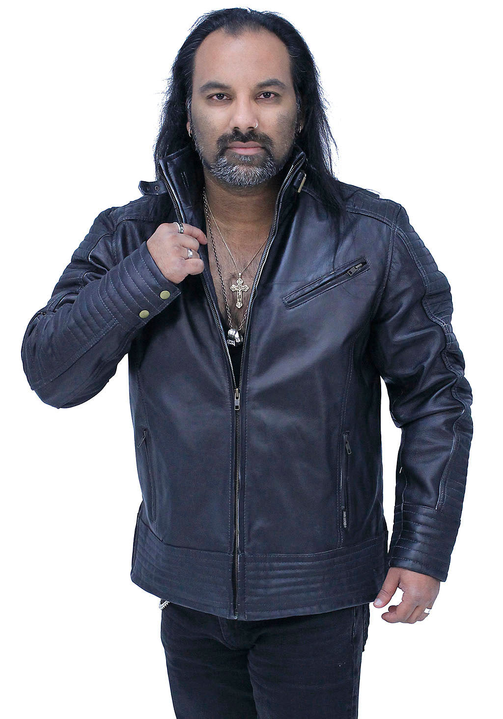 Charcoal Gray Leather Ribbed Trim Jacket w/Butterfly Collar #MA1993GY