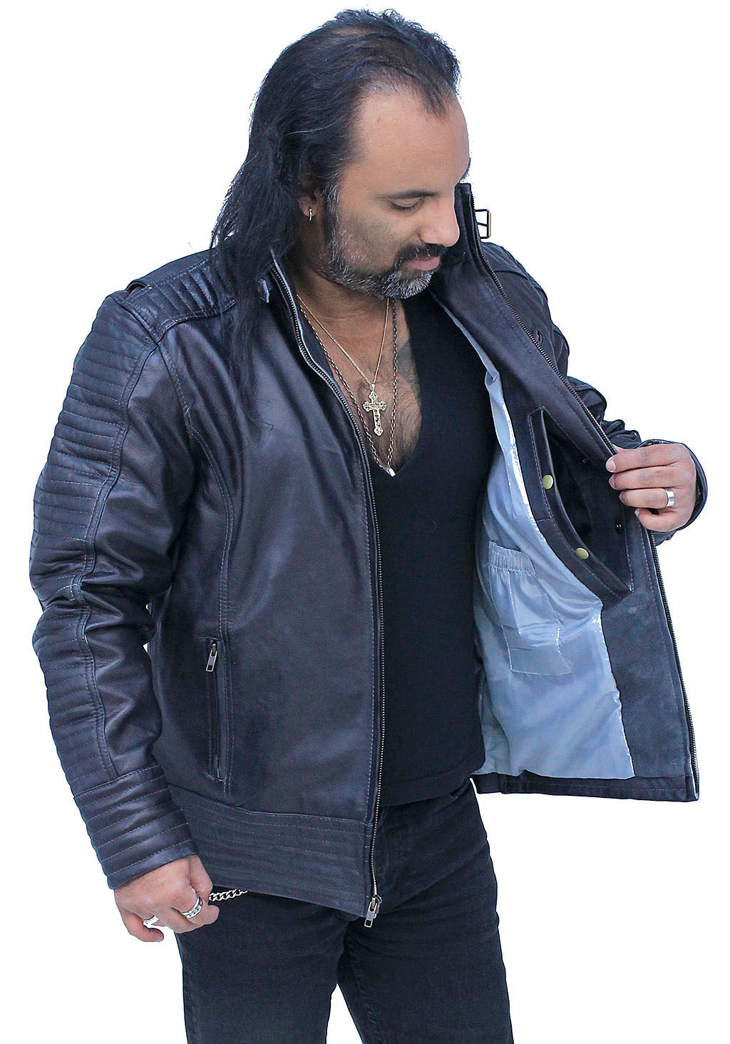 Charcoal Gray Leather Ribbed Trim Jacket w/Butterfly Collar #MA1993GY