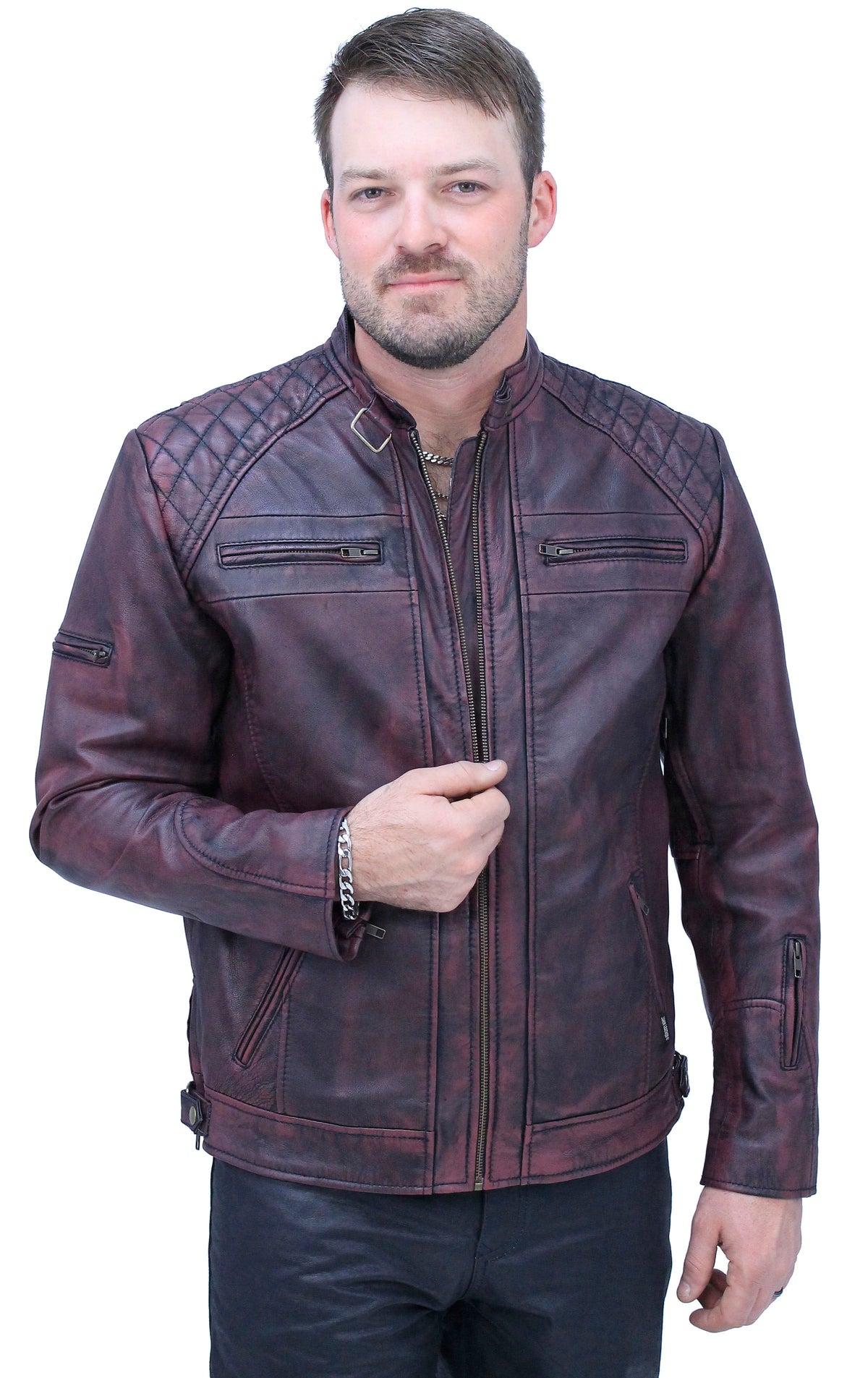 Burgundy Distressed Leather Vented Scooter Jacket CC Pockets #MA2021VQGR