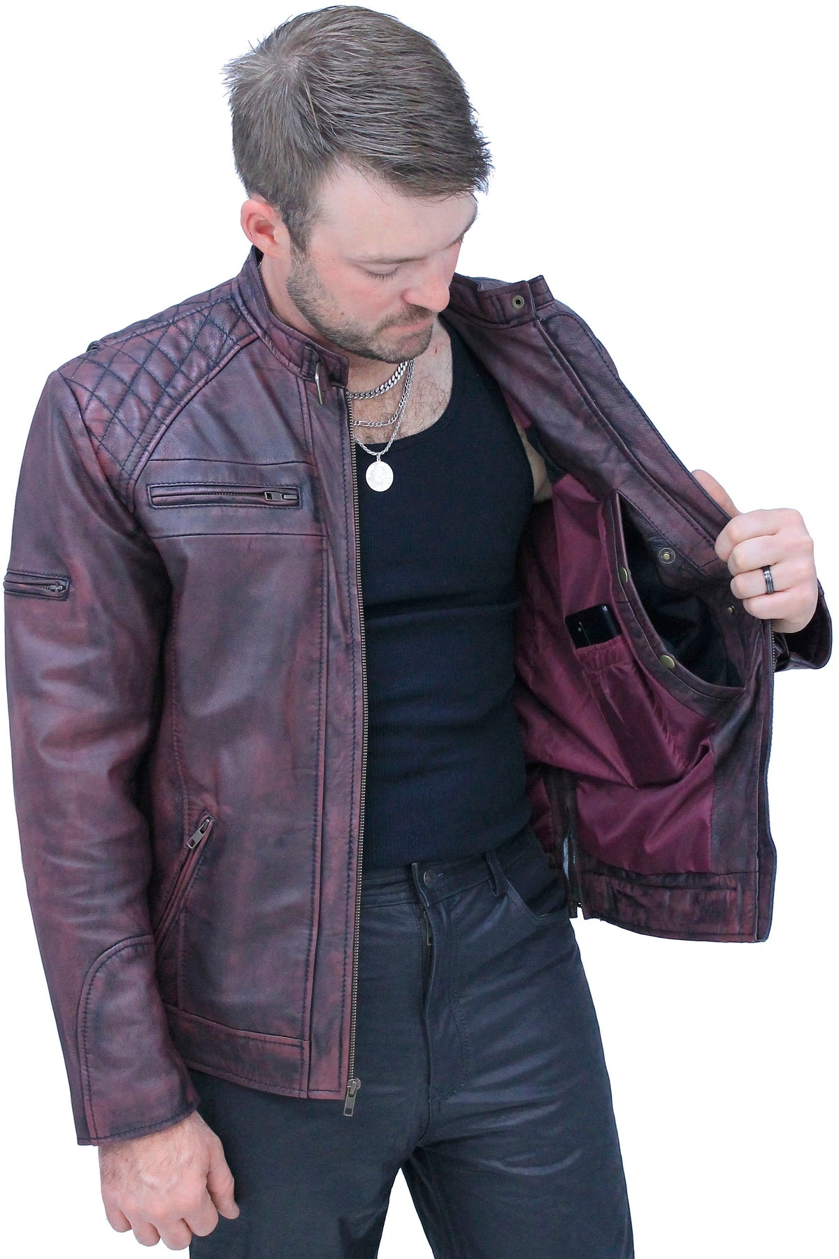 Burgundy Distressed Leather Vented Scooter Jacket CC Pockets #MA2021VQGR