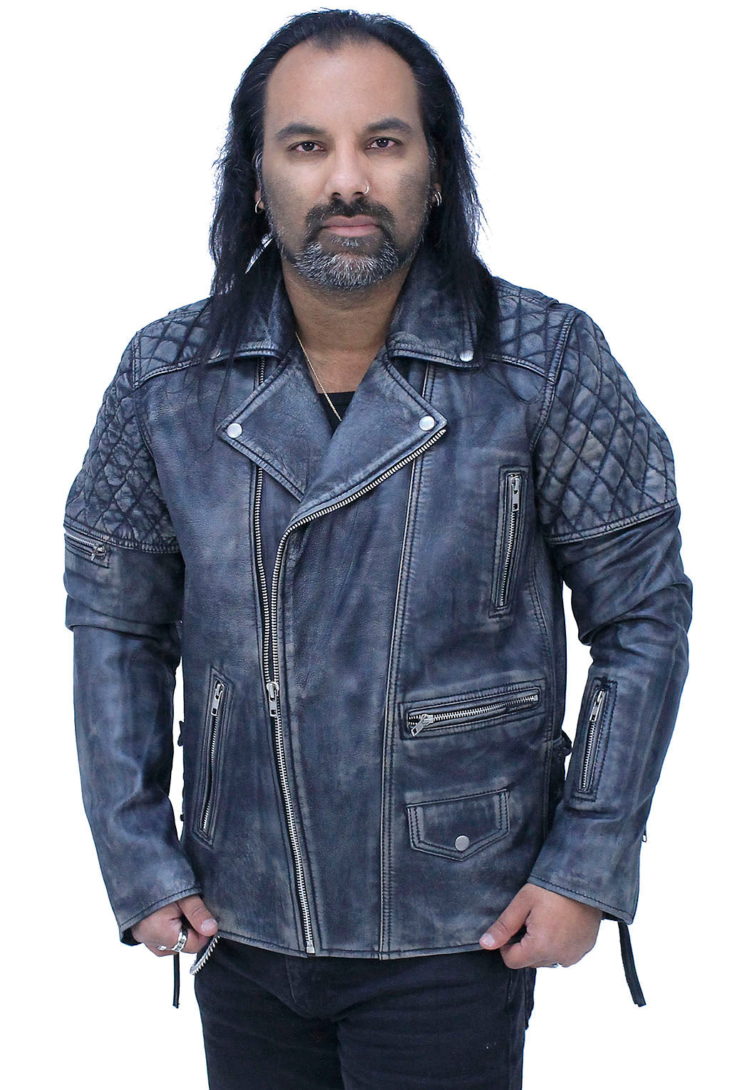Quilted Taupe/Black Distressed Leather MC Jacket CC Pockets #MA2023QGK