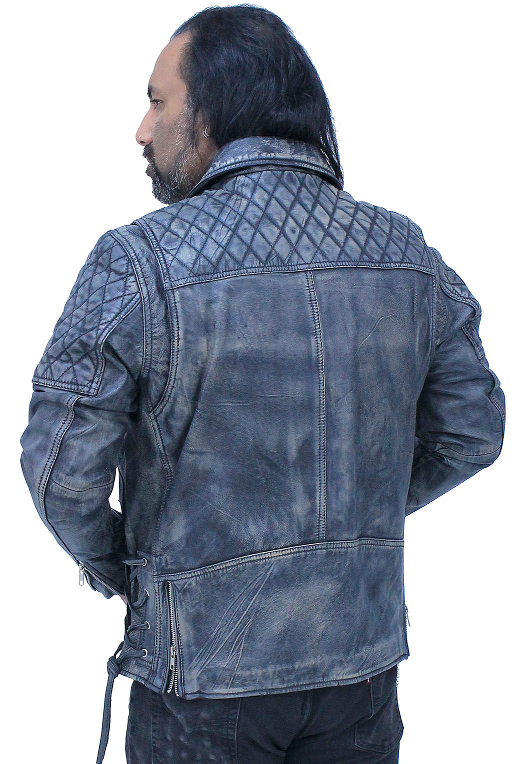 Quilted Taupe/Black Distressed Leather MC Jacket CC Pockets #MA2023QGK