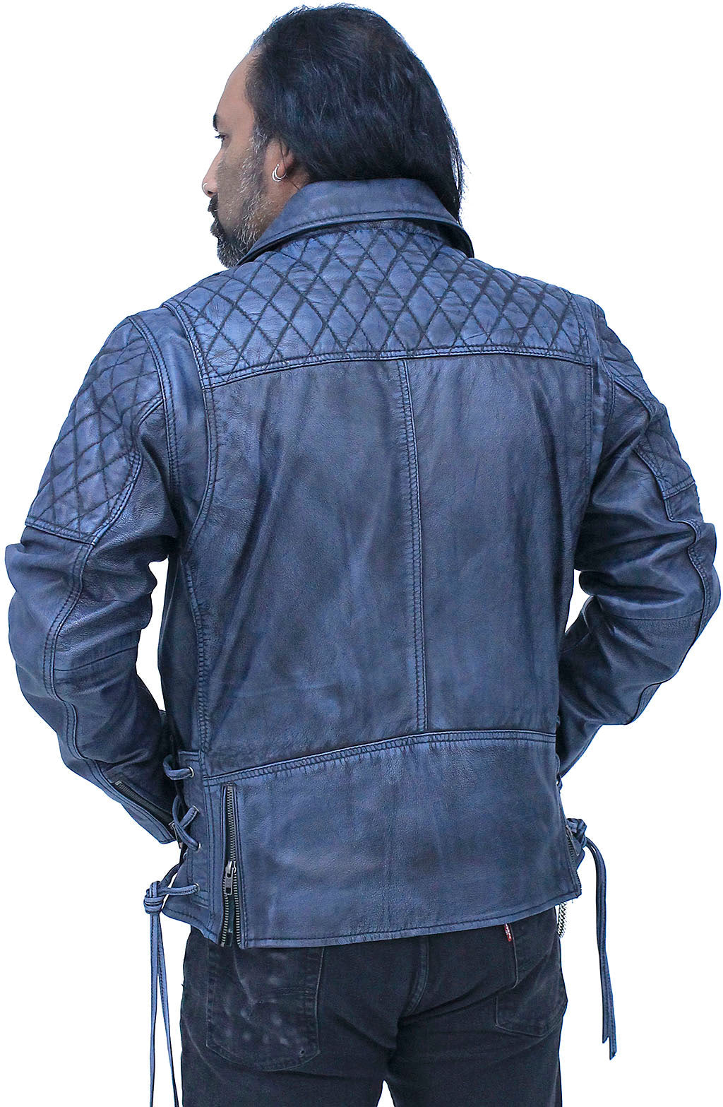 Quilted Blue Distressed Leather MC Jacket CC Pockets #MA2024QGU