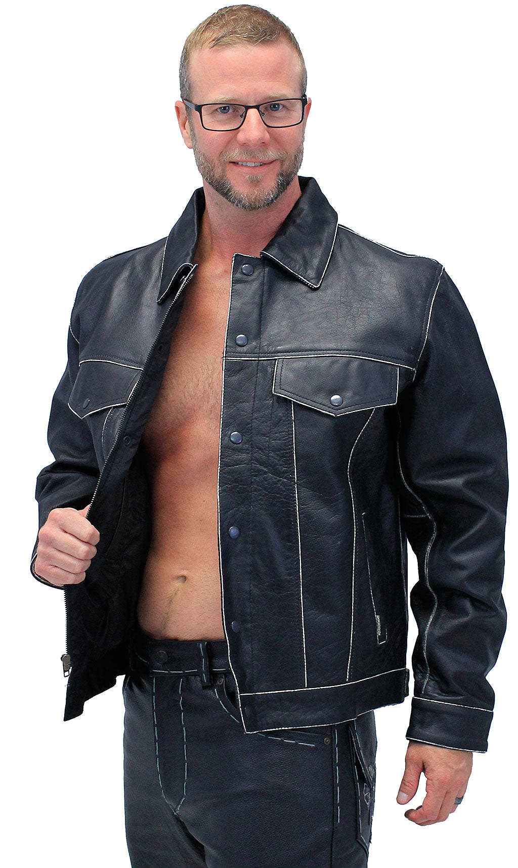 Black Vintage Leather Jean Jacket with Concealed Pockets #MA6643K (S-5X)